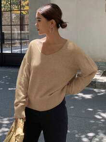 DAZY Women's Casual Loose Fit Solid Color V-Neck Long Sleeve Sweater - Apricot - View 4