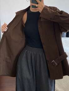 DAZY Chemise décontractée à manches longues, coupe ample, couleur unie avec ceinture, automne/hiver pour femmes - Tabac - Voir 7