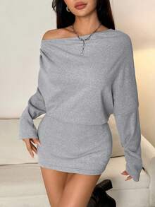 SHEIN PETITE Đầm ôm sát tay dài trễ vai bằng cashmere mới cho mùa xuân hè dành cho nữ, phong cách Y2K, thời trang đường phố. - Xám - Xem 7