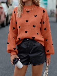 EMERY ROSE Pull ample en tricot à motif cœur avec épaules tombantes, style décontracté, automne/hiver - Orange - Voir 4