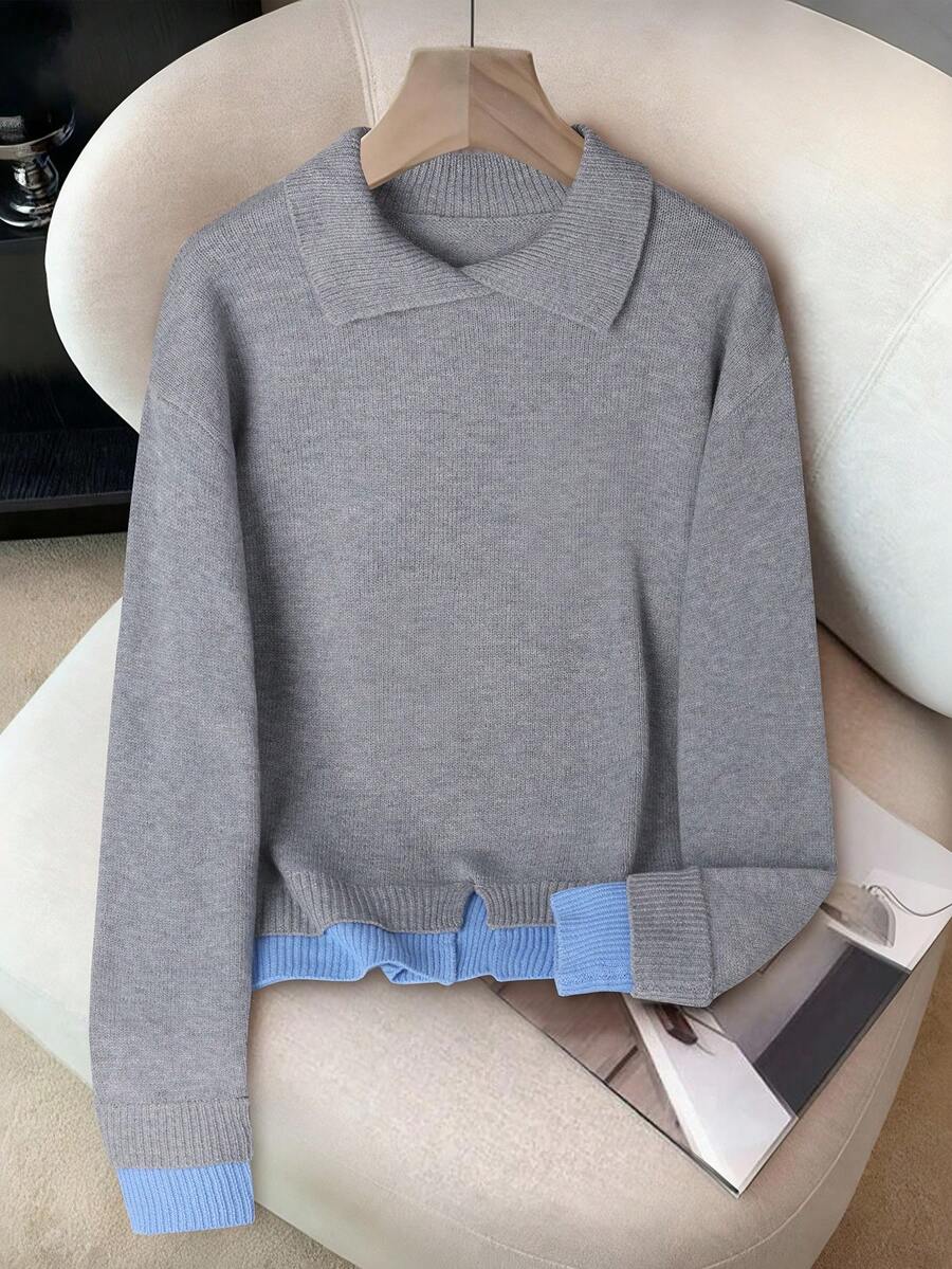 SHEIN Franclia Áo len chui đầu dệt kim cổ polo màu xám mềm mại đa năng thời trang cho nữ - Nhiều màu - Xem 1