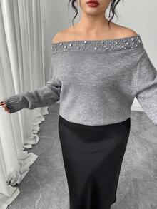 Modelyn 大码水钻装饰露肩长袖纯色套头毛衣 - 灰色 - 查看 5