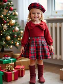 Souflis Souflis 2pcs/Set French 2025 Autumn/Winter New Christmas Element Big Bow Thick Red Long Sleeve T-Shirt Matched With Plaid Pleated Skirt, Suitable For School, Outing, And Play, Girls Outfit - Burgundy - View 4