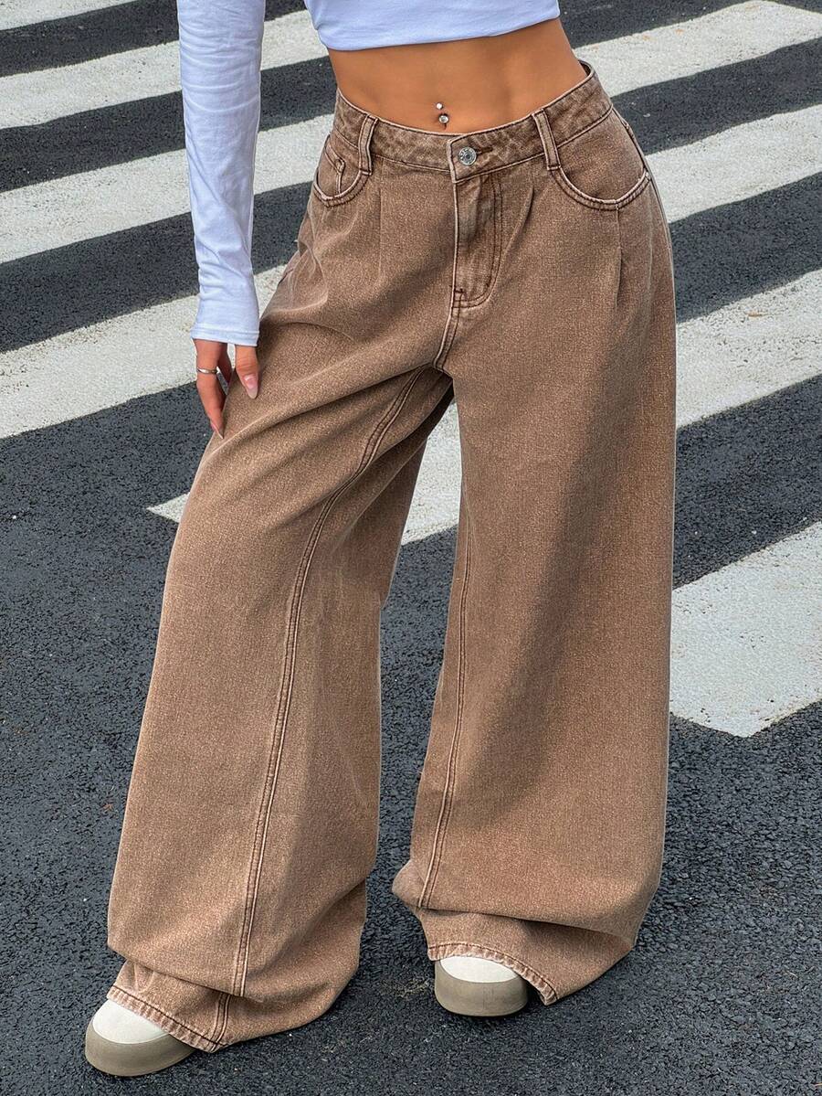 Rivivi Women's Low Waist Pocketed Pleated Loose Casual Flare Leg Jeans Winter New Year