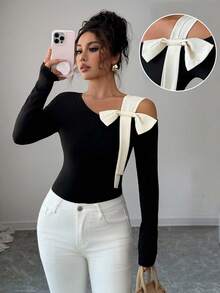 SHEIN PETITE Elegantes Tailliertes T-Shirt mit schräger Schulter und Schleifendekor, geeignet für Dates, Einkaufen, Alltagstragen, Musikfestivals und weitere Anlässe, Frühling/Herbst - Schwarz - Übersicht 1