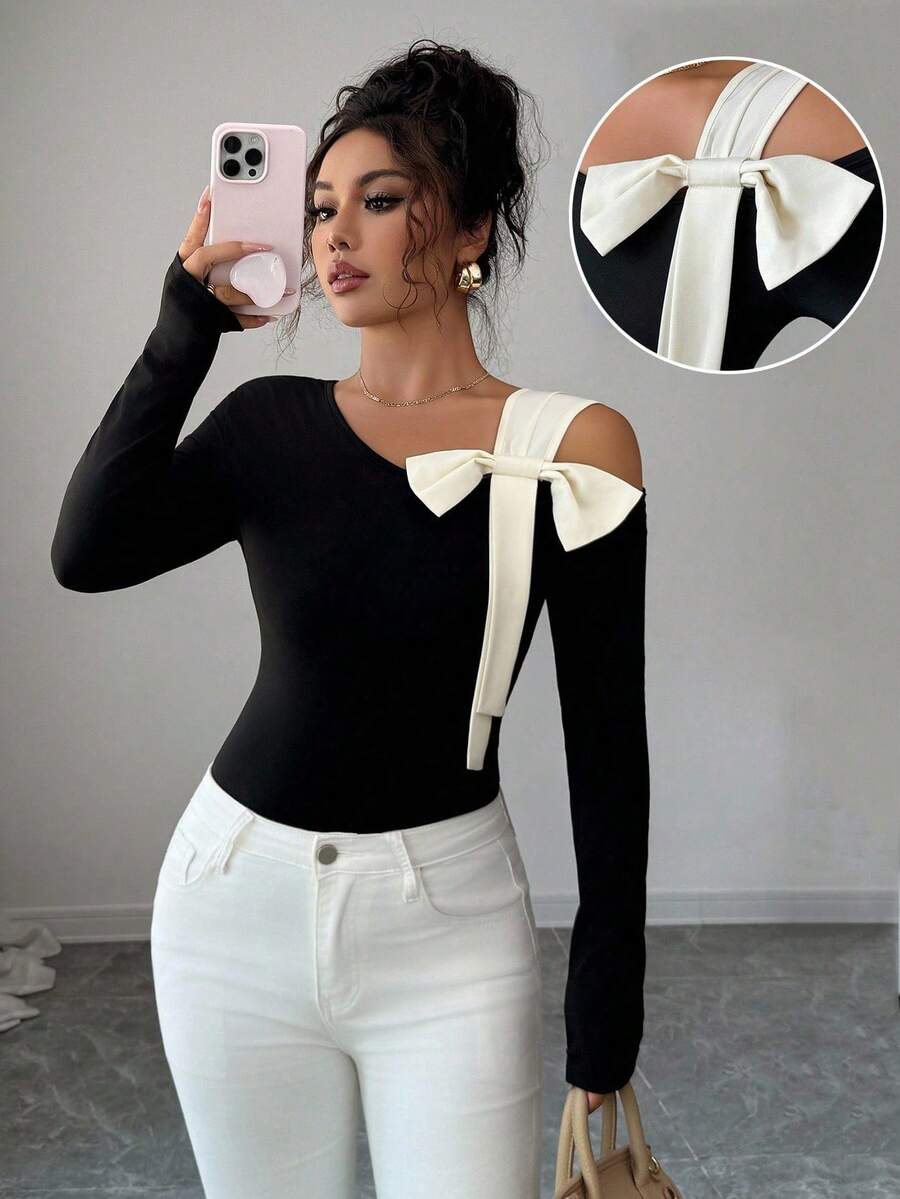 SHEIN PETITE Elegantes Tailliertes T-Shirt mit schräger Schulter und Schleifendekor, geeignet für Dates, Einkaufen, Alltagstragen, Musikfestivals und weitere Anlässe, Frühling/Herbst - Schwarz - Übersicht 1
