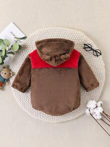 SHEIN Perso Play Body bébé garçon mignon avec capuche, en polaire avec empiècement bicolore - Tabac - Voir 2