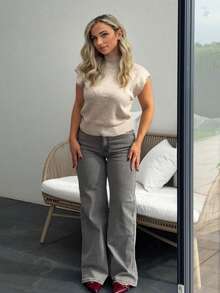 Jeta Ari 优雅高领宽松休闲百搭无袖针织毛衣背心外出上衣女秋冬上学上衣 - 棕色 - 查看 2