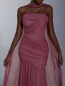 Elitara Elegant Light Purple Shiny Flowing Mesh Ruched Decor High Waist Slimming Mermaid Tail Backless Adjustable Tie Dress (Halter Flounce, Versatile) Formal Evening Gown - Dusty Purple - View 6