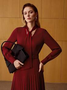 MOTF PREMIUM WOMEN'S ELEGANT PLEATED MID-LENGTH DRESS FOR COMMUTING - Red - View 6