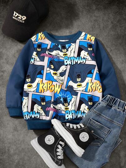 BATMAN X SHEIN 小男孩卡通人物图案拼色宽松圆领卫衣，秋冬