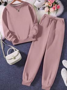 EMERY ROSE Plus Size Women 2 Pieces Outfit Set, Fashionable Minimalist, Suitable For Daily Wear, Sports, Photography, Autumn/Winter - Dusty Pink - View 1