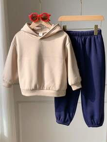 2件套男童可爱字母图案休闲连帽卫衣和运动裤套装，秋冬季 - 彩色 - 查看 2