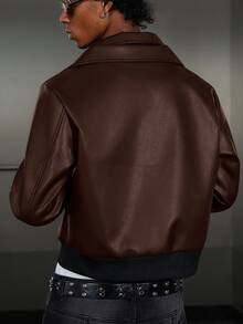 Manfinity EMRG 男士长袖皮夹克，街头风百搭复古美式休闲夹克，拉链设计情侣款，秋冬皮夹克 - 咖啡棕 - 查看 2