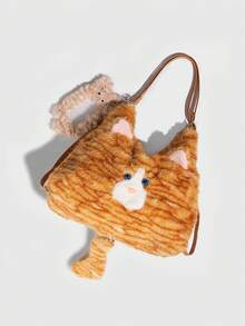 ROMWE Kawaii 1 chú mèo bông màu vàng dễ thương theo phong cách sinh viên, túi đeo nách hình mèo đuôi dài, túi tote đi làm dung tích lớn dùng hàng ngày vào mùa thu và một túi đựng thẻ hình mèo nhỏ để phù hợp với ba lô - trái cam - Xem 9