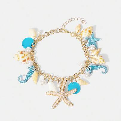 Y2Kool 1 pieza Pulsera de estilo bohemio con decoración de estrella de mar de aleación y perla para mujer, playa de verano