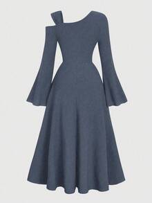 Elenzga Plus Size Women Solid Color Knitted Ribbed Asymmetric Shoulder Flare Sleeve Ruffle Trim Bodycon Maxi Elegant Party Dress - Dusty Blue - View 2