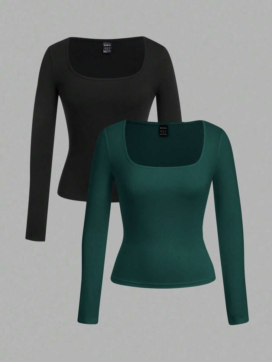 SHEIN EZwear 2 件女式方领修身长袖休闲 T 恤套装,秋冬 - 彩色 - 查看 1