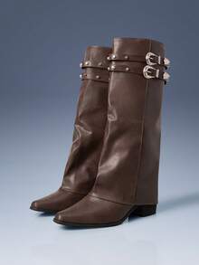 CUCCOO GRLICON 棕色铆钉高筒靴，铆钉尖头高筒皮靴，棕色铆钉高筒靴，适合万圣节、圣诞节、派对装扮 - 咖啡棕 - 查看 5