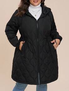 Comfylo 大码休闲绗缝抽绳连帽羽绒服，秋冬季保暖黑色上衣女式冬季外套女式冬季夹克感恩节大码连帽拉链冬季夹克女式冬季外套女式冬季服装舒适秋冬服装女式外套Maija 2025秋冬女式Maija黑色上衣 - 黑色 - 查看 10