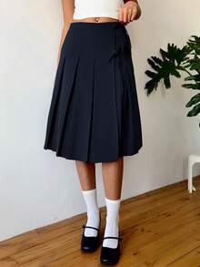 SHEIN EZwear Chân váy midi xếp ly nơ xanh navy thường ngày cho nữ - Màu xanh hải quân - Xem 3