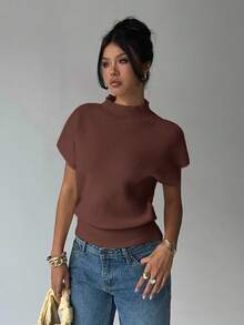 Aloruh Women's Solid Color Mandarin Collar Batwing Short Sleeve Casual Knit Top, Autumn/Winter - Brown - View 5