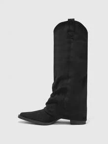 CUCCOO BIZCHIC 黑色尖头及膝靴 | 慵懒绒面革纹理 | 中粗跟 | 轻松时尚风格 | 2 双，高级皮革外观 - 黑色 - 查看 9