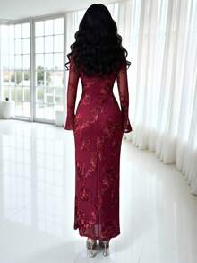 Rafferiza Elegant Burgundy Floral Embroidered Mesh Flare Sleeve High Waist Dress, Suitable For Business Meetings, Weddings, Formal Dinners, Commuting, Graduation Parties, Holidays, Dates, And Parties Long Sleeve Elegant Dress Dresses For Women Elegant Long Bodycon Maxi Dress Women Sexy Elegant Dress - Burgundy - View 2