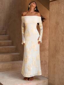 Opulessa 女士度假针织纹理面料露肩鱼尾下摆修身连衣裙 - 杏色 - 查看 4