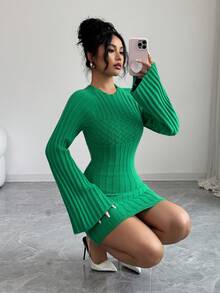 SHEIN Elenzya Vestido de punto ajustado con mangas trompeta de estilo vintage de Estocolmo para mujer, atuendo elegante y versátil para uso casual, trabajo, citas, estudiantes, maestros, oficina, negocios - Verde Oscuro - Ver 6