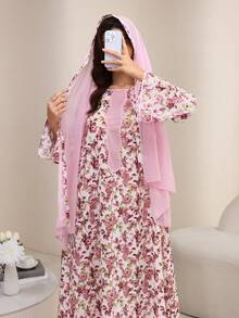 Al Najma Round Neck Floral Patchwork Solid Color Trim Printed Dress With Headscarf - Pink - View 1