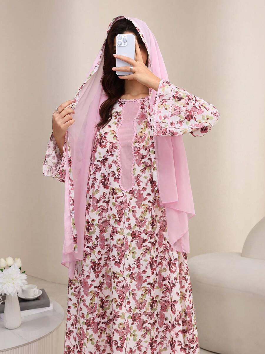 Al Najma Round Neck Floral Patchwork Solid Color Trim Printed Dress With Headscarf - Pink - View 1