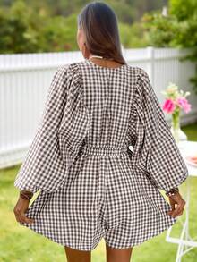 KARISMINA Women's Woven Plaid V-Neck Puff Sleeve Jumpsuit,Gingham Romper,Vacation Outfits For Women,Country Concert Outfit,Women Summer Clothes - Khaki - View 2