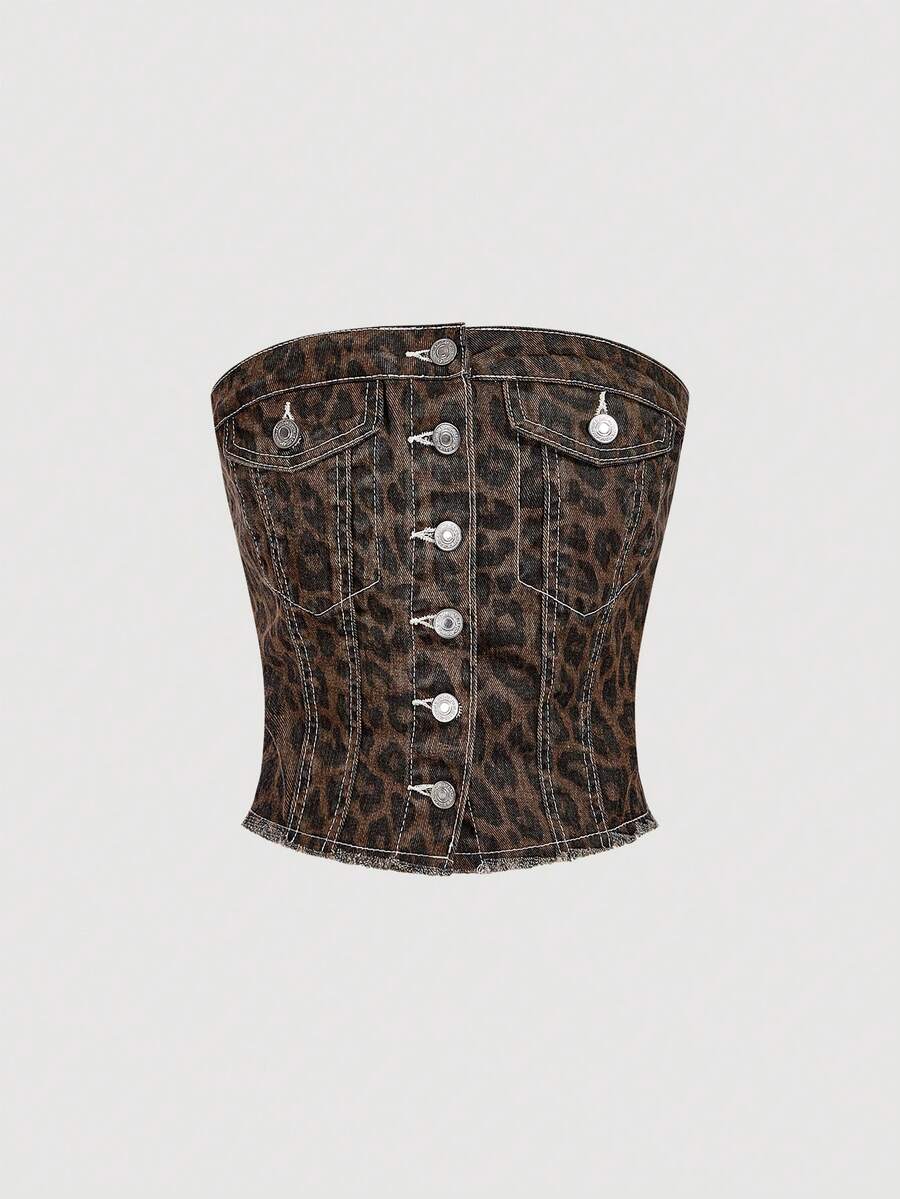 SHEIN MOD 女式豹纹抹胸牛仔背心 - 彩色 - 查看 1