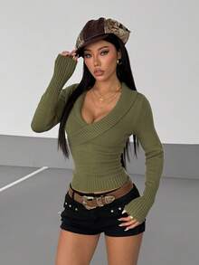 StreetHx Áo len dài tay dáng ôm màu trơn phong cách đường phố thường ngày cho nữ - màu xanh lá - Xem 4