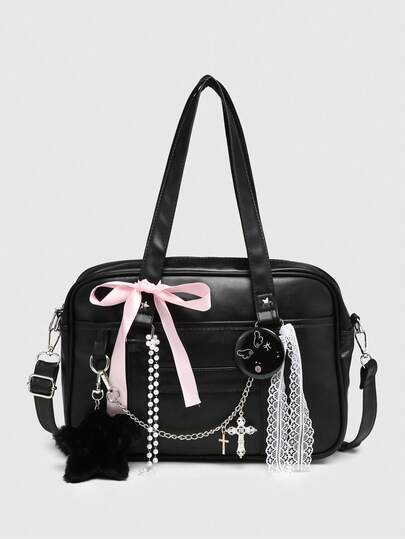 Kawaii Vintage Cute Style Women's Plaid Shoulder Bag With Bowknot, Cherry & Heart Decoration, Multi-Pocket Boston Bag, School, Street & Japanese Bag For Women
