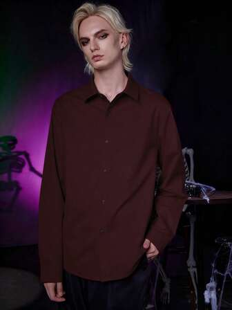 Goth Chemise à manches longues boutonnée de couleur unie simple pour hommes, automne