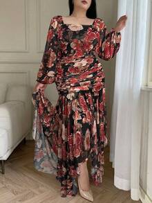 Modelyn Plus Size Floral Print Square Neck Long Sleeve Dress - Black - View 6