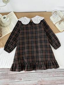 复古学院风休闲棕色格子拼布蕾丝领宽松长袖连衣裙，适合年轻女孩，秋冬 - 棕色 - 查看 2