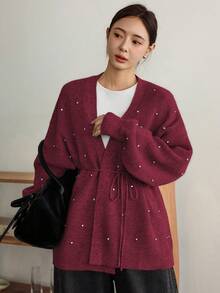 Dazy-Less Áo khoác cardigan len kim sa lấp lánh, rộng rãi, thoải mái cho nữ, có dây rút ở eo, thích hợp mặc đi làm, đi chơi, mặc ở nhà vào mùa thu/đông, Giáng sinh, năm mới - Màu Đỏ Sâu - Xem 4