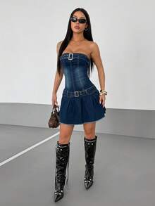 SHEIN Unity Women's Denim Dress With Waist Belt And Bandeau Top - Medium Wash - View 8