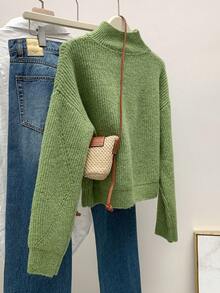 SHEIN Unity New Autumn/Winter Italian Style Green Turtleneck Ribbed Commuter Slim Fit Loose Women Sweater - Green - View 2