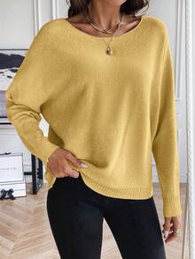 SHEIN LUNE Suéter de cuello redondo de manga larga de unicolor casual para mujer - Amarillo - Ver 5