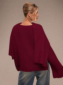 SHEIN BAE Women's Elegant Burgundy Solid Color Loose Knit Casual Pullover Sweater,Autumn Christmas Sweater,Red Top,Fall Winter Clothes For Dining - Burgundy - View 2