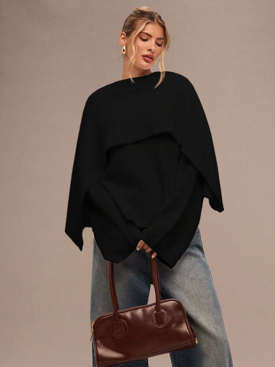 SHEIN BAE 女士秋冬时尚设计简约纯色斗篷二合一套头衫 - 黑色 - 查看 1