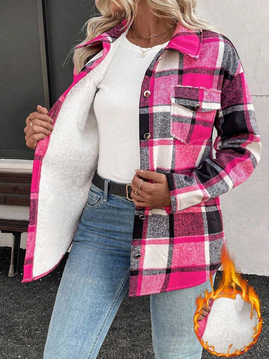 EMERY ROSE Christmas Women's Plaid Thermal Lined Casual Commuter Fashion French Elegant Street Retro Versatile Holiday Business Apricot Autumn/Winter Long Sleeve Jacket Regular Outerwear