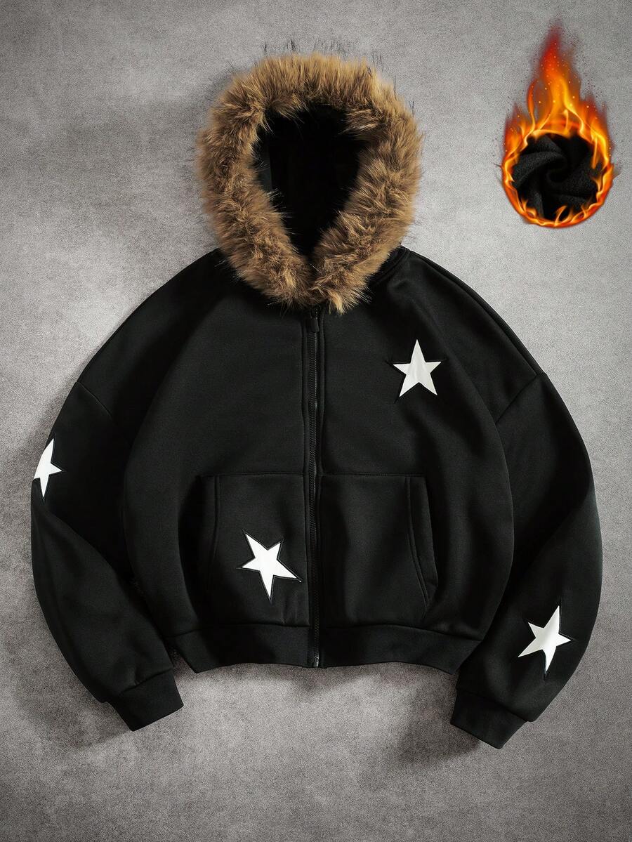 PAVTROS 男士秋冬保暖连帽拉链衫，星形印花，带口袋，休闲长袖上衣 - 黑色 - 查看 1