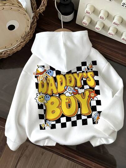 SHEIN Baby Boy Casual Minimalist Letter Pattern Soft Knit Hooded Pullover Thick Sweatshirt, Suitable For Autumn, Back Of Clothes