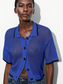 Maija 女士宽松落肩圆领针织开衫，基本款毛衣上衣，适合城市通勤、商务休闲、办公室穿着，优雅适合圣诞派对、新年聚会 - 藍色 - 查看 6