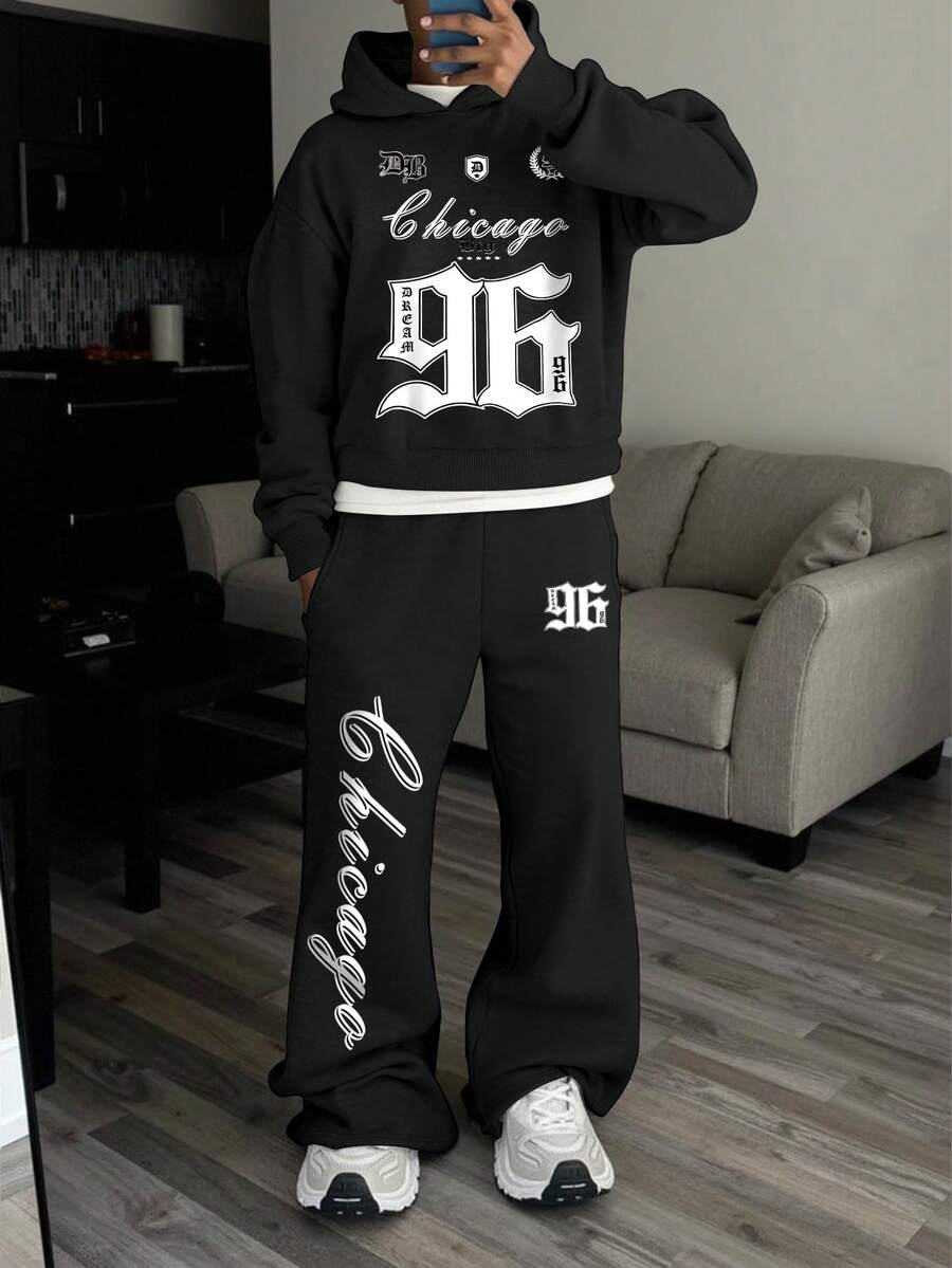 STEELVANCE 两件套男士芝加哥标语印花卫衣和运动裤套装，秋季男士街头服饰套装，舒适秋冬风格，圣诞礼物 - 黑色 - 查看 1